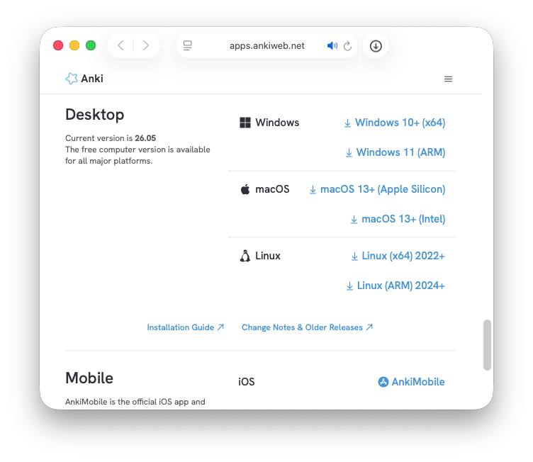The download page at apps.ankiweb.net, with the download button for the visitor's operating system.