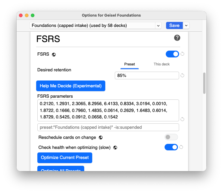 Deck Options, FSRS section: the FSRS toggle switched on, desired retention 0.85, and the Optimize button in view.