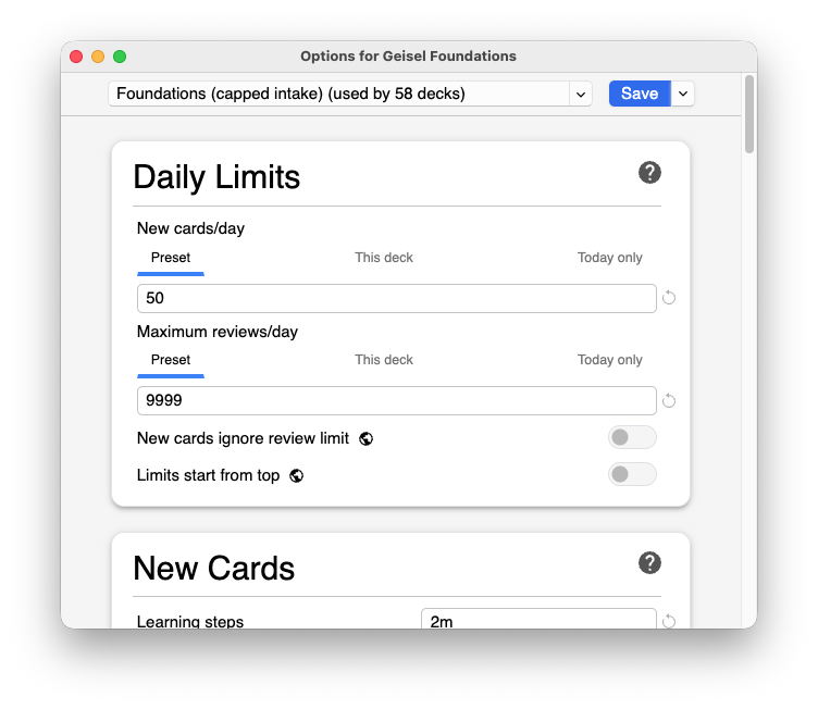 A subdeck's Options with the preset selector reading “Foundations (capped intake)” — not “Default”.